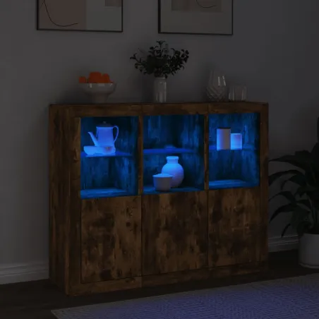 Buffets avec lumières LED 3 pcs chêne fumé bois d'ingénierie