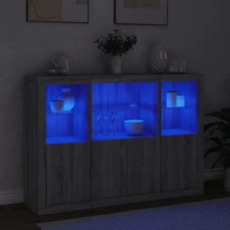 Buffets avec lumières LED 3 pcs sonoma gris bois d'ingénierie