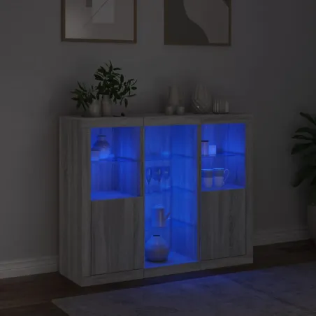 Buffets avec lumières LED 3 pcs sonoma gris bois d'ingénierie
