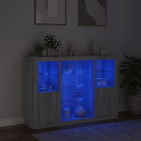 Buffets avec lumières LED 3 pcs sonoma gris bois d'ingénierie