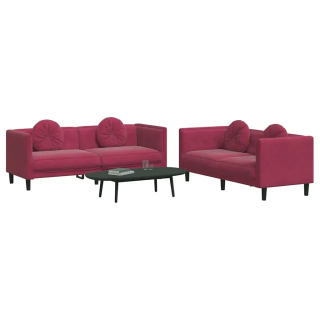 Ensemble de canapés 2 pcs avec coussins rouge bordeaux velours