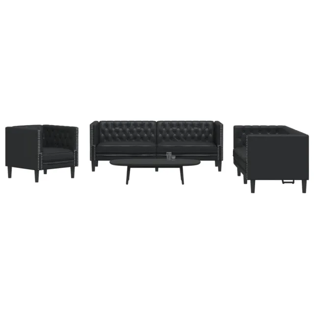 Ensemble de canapé Chesterfield 3 pcs noir similicuir