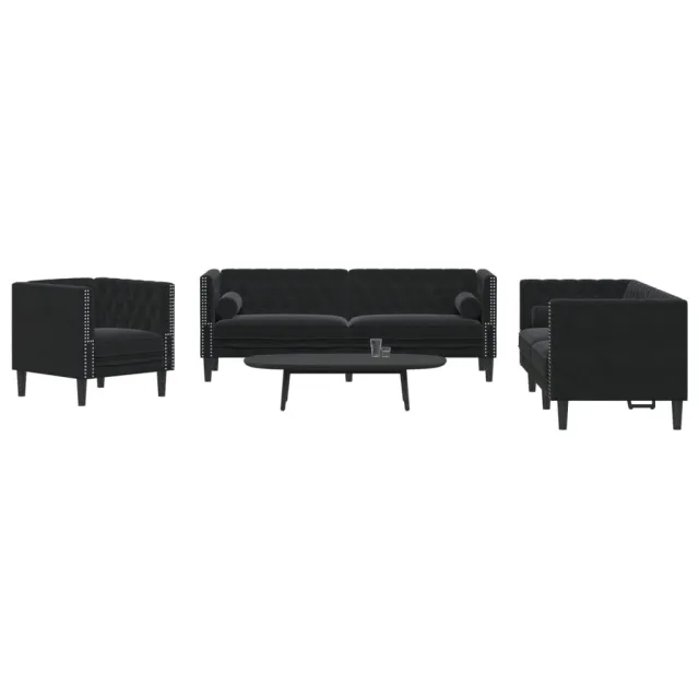 Ensemble de canapé Chesterfield et traversins 3pcs noir velours