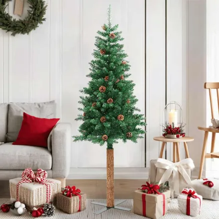 Sapin de Noël mince avec bois véritable et cônes vert 150cm PVC
