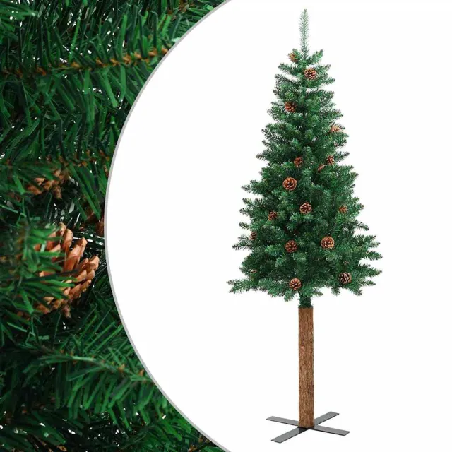 Sapin de Noël mince avec bois véritable et cônes vert 150cm PVC