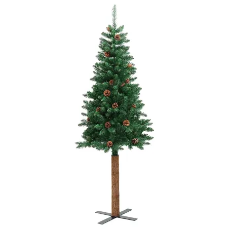 Sapin de Noël mince avec bois véritable et cônes vert 150cm PVC