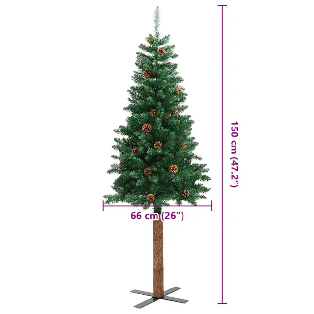 Sapin de Noël mince avec bois véritable et cônes vert 150cm PVC