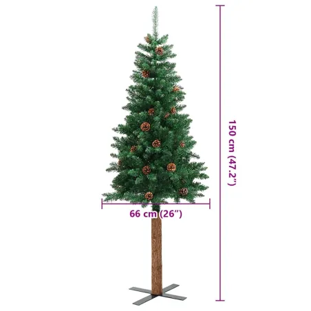 Sapin de Noël mince avec bois véritable et cônes vert 150cm PVC