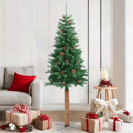 Sapin de Noël mince avec bois véritable et cônes vert 180cm PVC