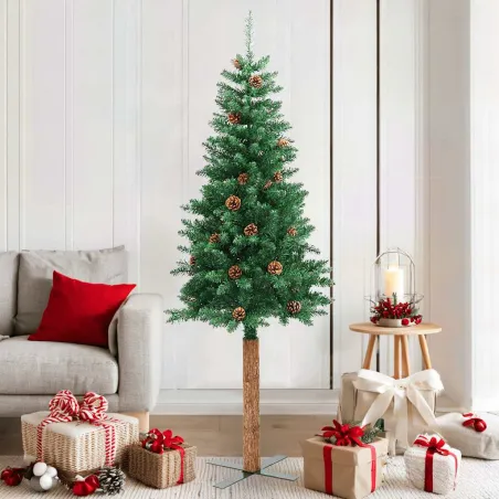 Sapin de Noël mince avec bois véritable et cônes vert 180cm PVC