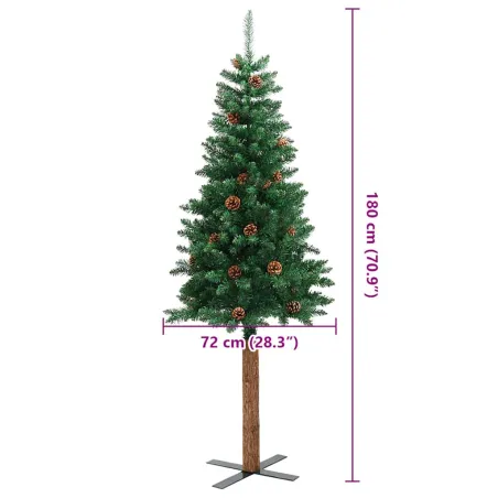 Sapin de Noël mince avec bois véritable et cônes vert 180cm PVC