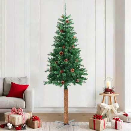 Sapin de Noël mince avec bois véritable et cônes vert 210cm PVC