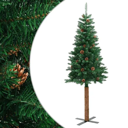 Sapin de Noël mince avec bois véritable et cônes vert 210cm PVC 2