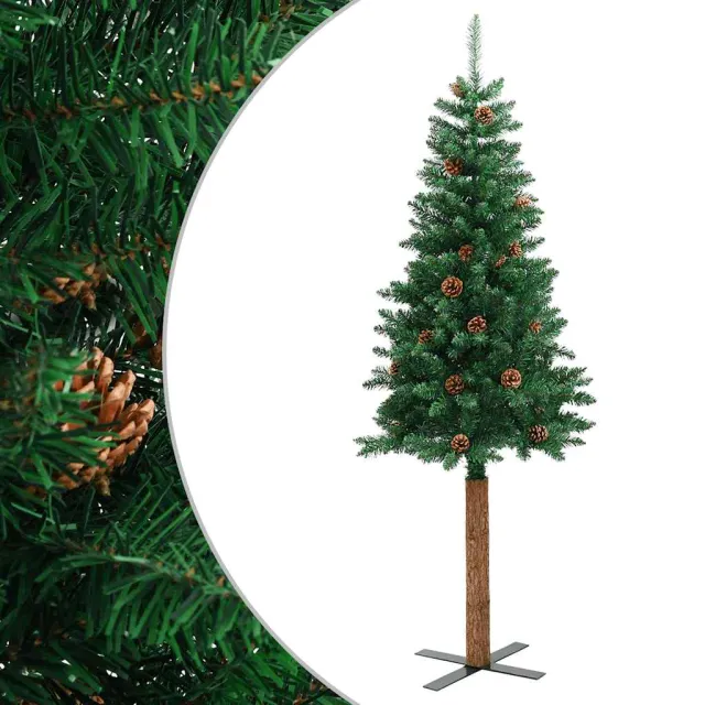 Sapin de Noël mince avec bois véritable et cônes vert 210cm PVC