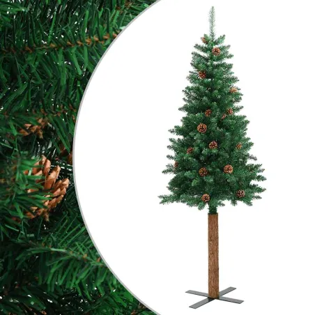 Sapin de Noël mince avec bois véritable et cônes vert 210cm PVC