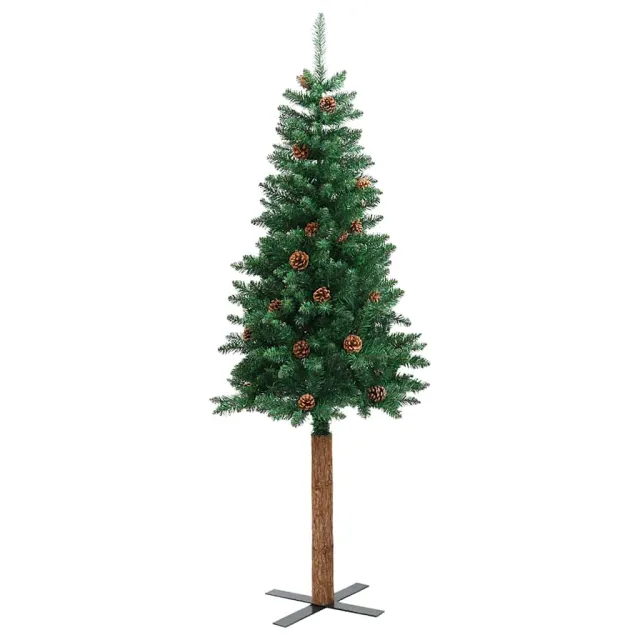 Sapin de Noël mince avec bois véritable et cônes vert 210cm PVC