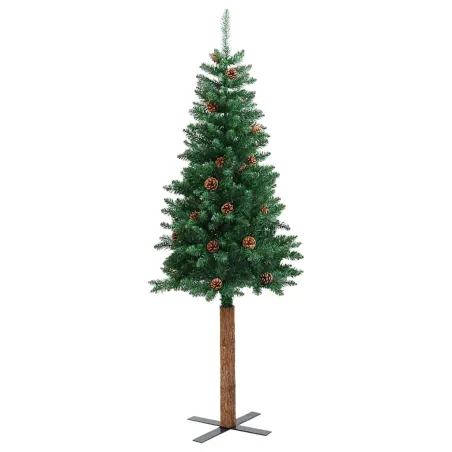 Sapin de Noël mince avec bois véritable et cônes vert 210cm PVC