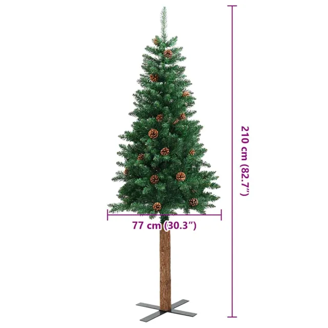 Sapin de Noël mince avec bois véritable et cônes vert 210cm PVC