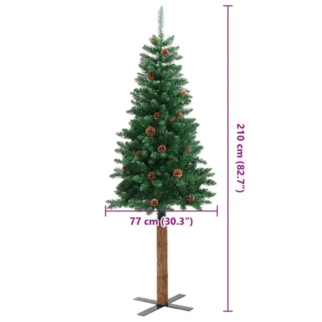 Sapin de Noël mince avec bois véritable et cônes vert 210cm PVC