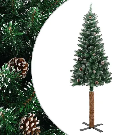 Sapin de Noël mince bois véritable et neige blanche vert 180 cm 2