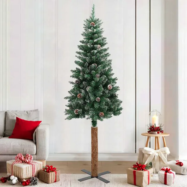 Sapin de Noël mince bois véritable et neige blanche vert 210 cm
