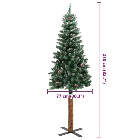Sapin de Noël mince bois véritable et neige blanche vert 210 cm