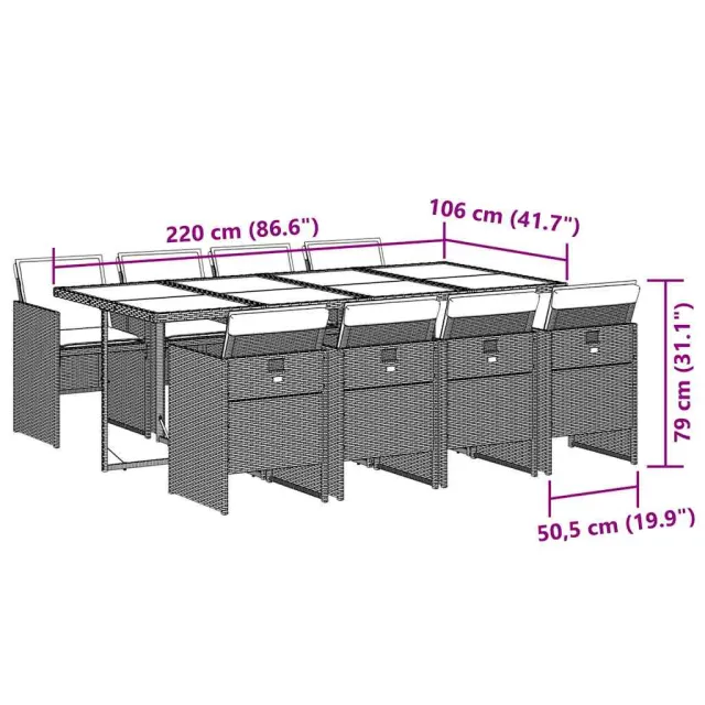 Ensemble à manger de jardin 9pcs coussins noir résine tressée