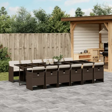 Ensemble à manger de jardin avec coussins 13 pcs marron rotin