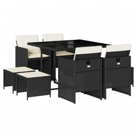 Ensemble à manger jardin 9pcs et coussins noir résine tressée 2