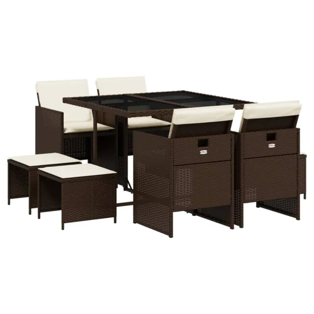 Ensemble à manger de jardin et coussins 9 pcs marron poly rotin