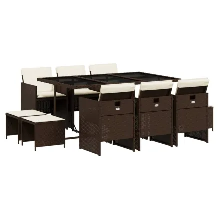 Ensemble à manger de jardin et coussins 11 pcs marron rotin 2