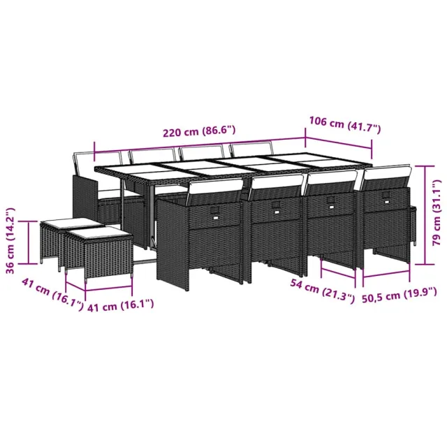 Ensemble à manger de jardin 13 pcs coussins noir résine tressée