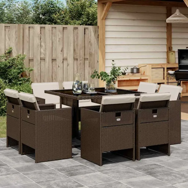 Ensemble à manger de jardin et coussins 9 pcs marron poly rotin