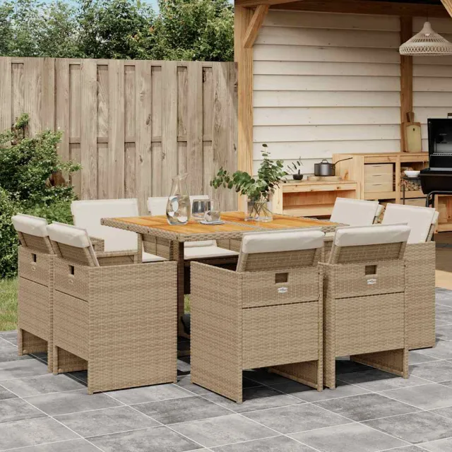 Ensemble à manger de jardin et coussins 9 pcs beige Poly rotin