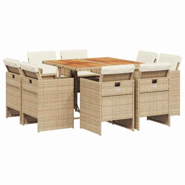 Ensemble à manger de jardin et coussins 9 pcs beige Poly rotin