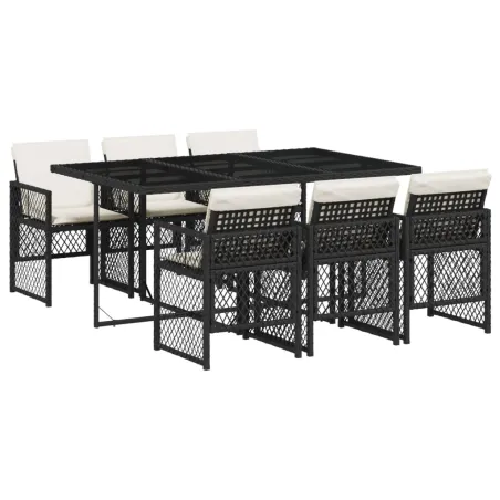Ensemble à manger de jardin coussins 7 pcs noir résine tressée