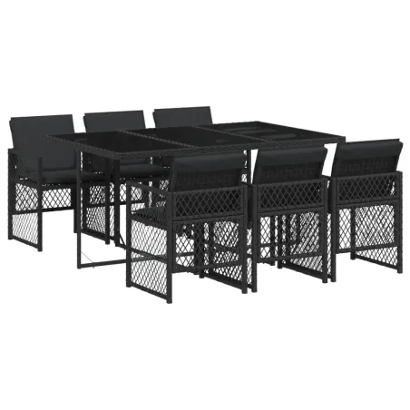 Ensemble à manger de jardin coussins 7 pcs noir résine tressée