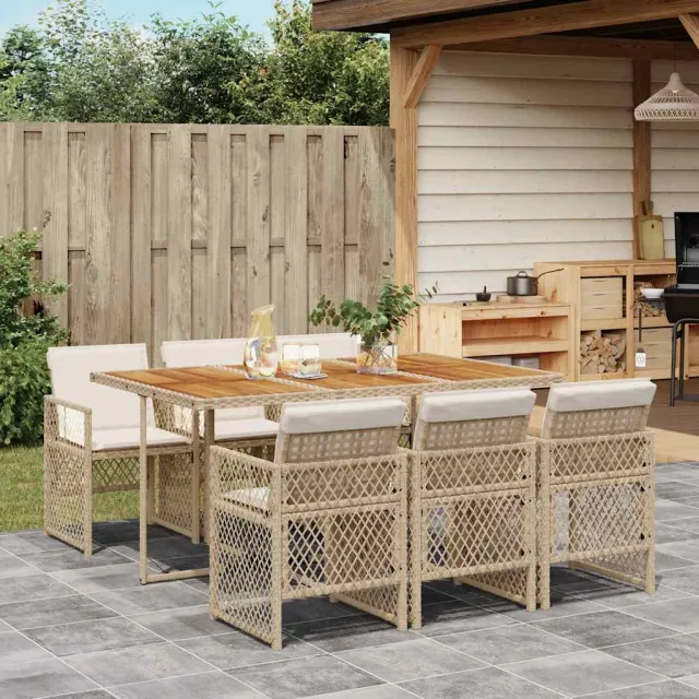 Ensemble à manger de jardin et coussins 7 pcs beige poly rotin