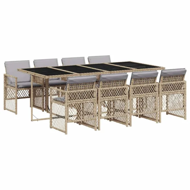 Ensemble à manger de jardin et coussins 9 pcs beige Poly rotin