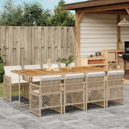 Ensemble à manger de jardin et coussins 9 pcs beige Poly rotin