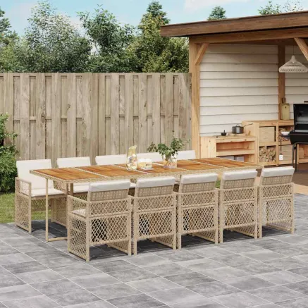 Ensemble à manger de jardin et coussins 11 pcs beige poly rotin