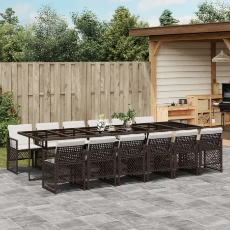 Ensemble à manger de jardin avec coussins 13 pcs marron rotin