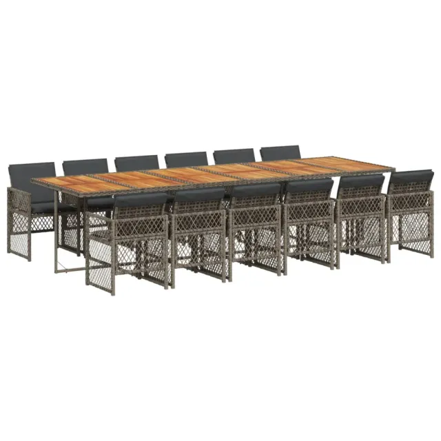 Ensemble à manger de jardin coussins 13 pcs gris résine tressée