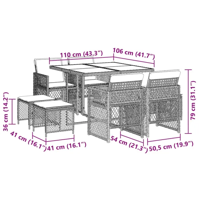Ensemble à manger de jardin et coussins 9 pcs gris clair rotin