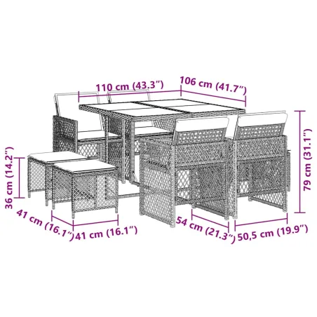 Ensemble à manger de jardin et coussins 9 pcs gris clair rotin