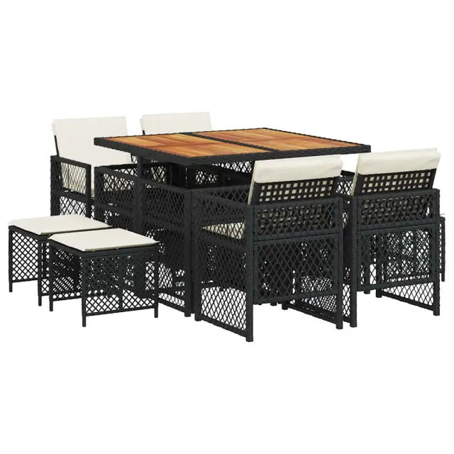 Ensemble à manger de jardin 9pcs coussins noir résine tressée