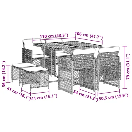 Ensemble à manger de jardin et coussins 9 pcs beige Poly rotin