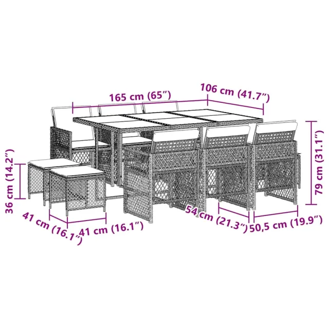 Ensemble à manger de jardin et coussins 11 pcs beige poly rotin