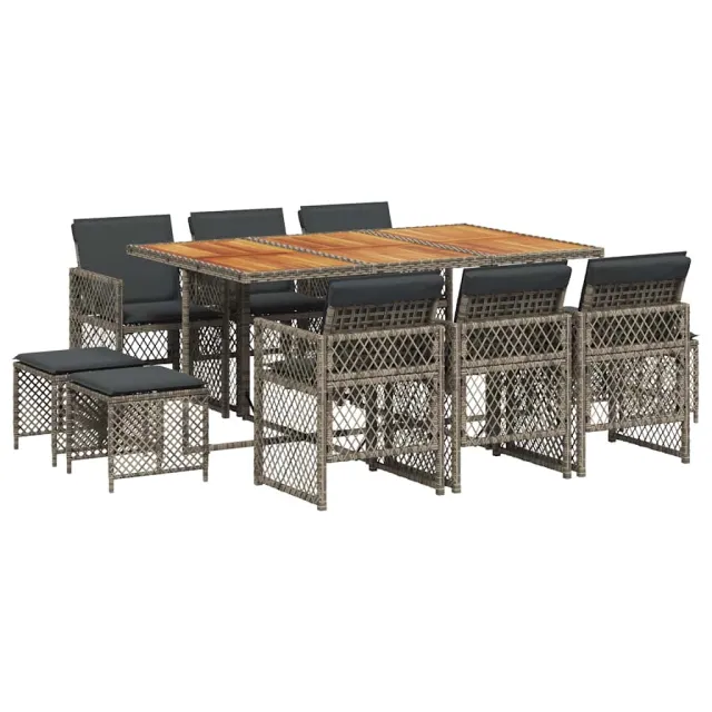 Ensemble à manger de jardin 11pcs avec coussins gris poly rotin