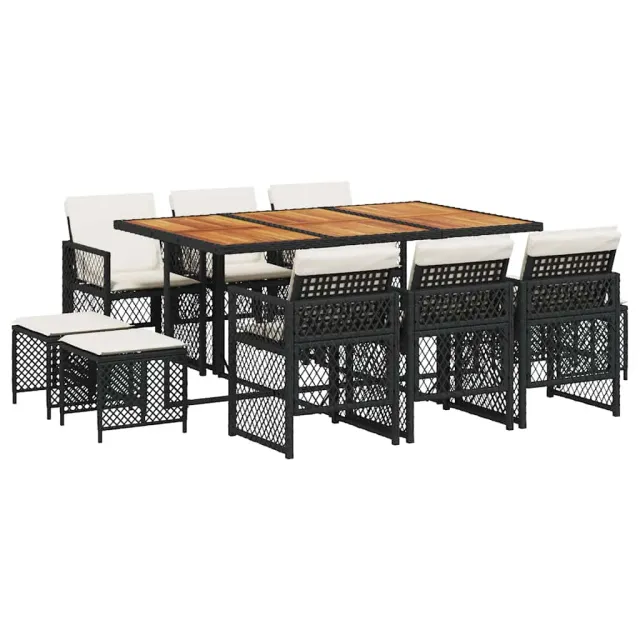 Ensemble à manger de jardin 11 pcs coussins noir résine tressée